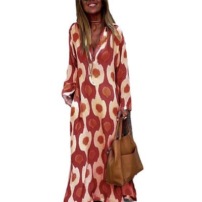 Женское свободное длинное платье с длинным рукавом и V-образным вырезом больших размеров с принтом