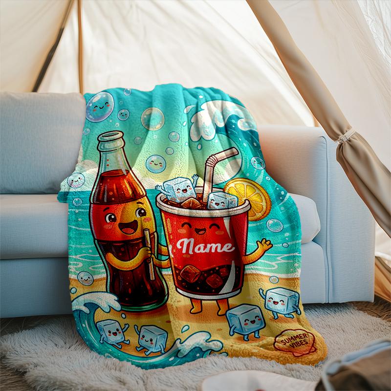 1PC Custom Name Sunny Day Soda Fun outdooor Flannel blankets Throw Blanket All-Season Throw Gift Bedspread for Couch, Bed, Camping Holiday Birthda