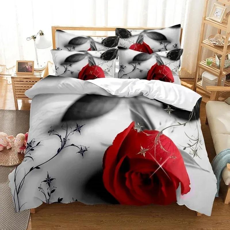 Comforter Red Rose Bedding Set Quilt Pillow Case 3D Hd Double Full King Queen Twin Single Polyester Comforter