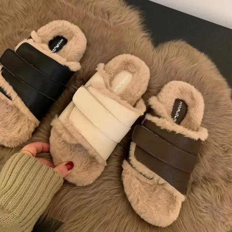 Распродажа модной женской обуви 2024 года, новые женские тапочки с открытым носком, осенние теплые однотонные повседневные удобные тапочки на плоской подошве Zapatos De Mujer