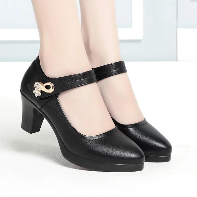 Женские туфли на высоком каблуке, туфли-платформы, весна-осень, новая мода, с пряжкой, однотонные черные туфли, женские туфли из мягкой кожи, водонепроницаемые, женские