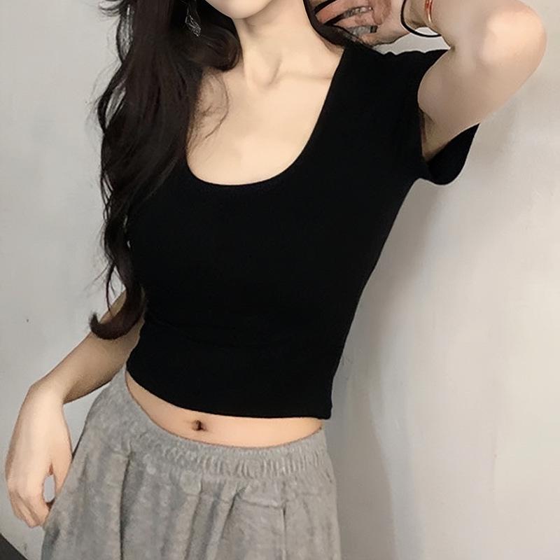 Женский укороченный топ из хлопка облегающего кроя с U-образным вырезом - Весенне-летняя футболка с коротким рукавом