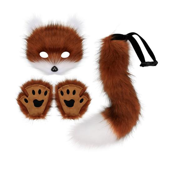Furry Therian Costume Set for Girls Women Faux Fur Tail Plush Masque Fluffy Paw Gloves Set Fox Cat Wolf Animal Cosplay Accessories for Halloween