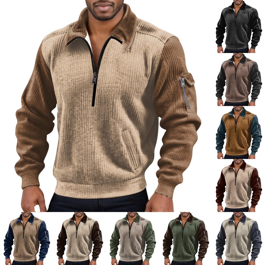 Men's Solid Color Corduroy Zipper Neck Long Sleeve Top Men's Casual Lapel Top