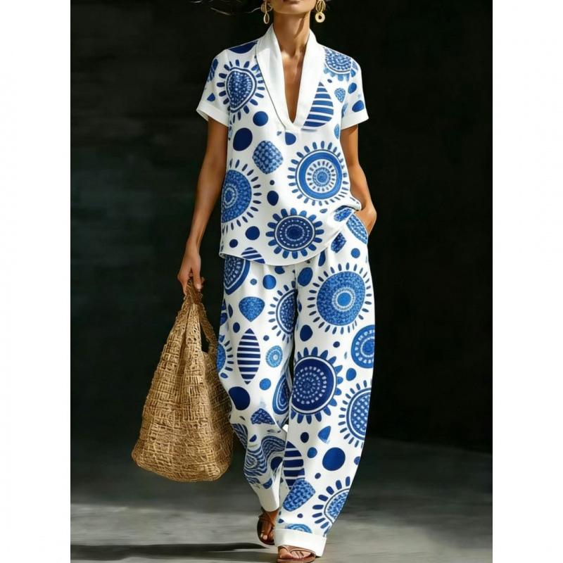 TEMU Hot Sale Women's V-Neck Pullover Short Sleeve Pants Set India Two-piece Set 1D Digital Printing