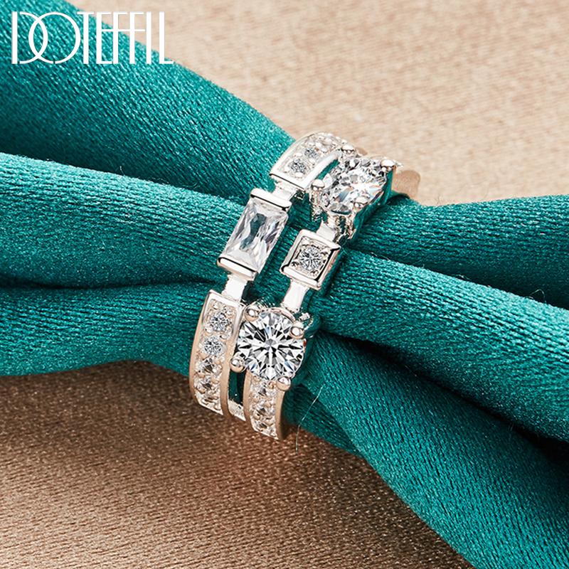 925 Sterling Silver Round Square AAA Zircon Ring Fashion Wedding Jewelry