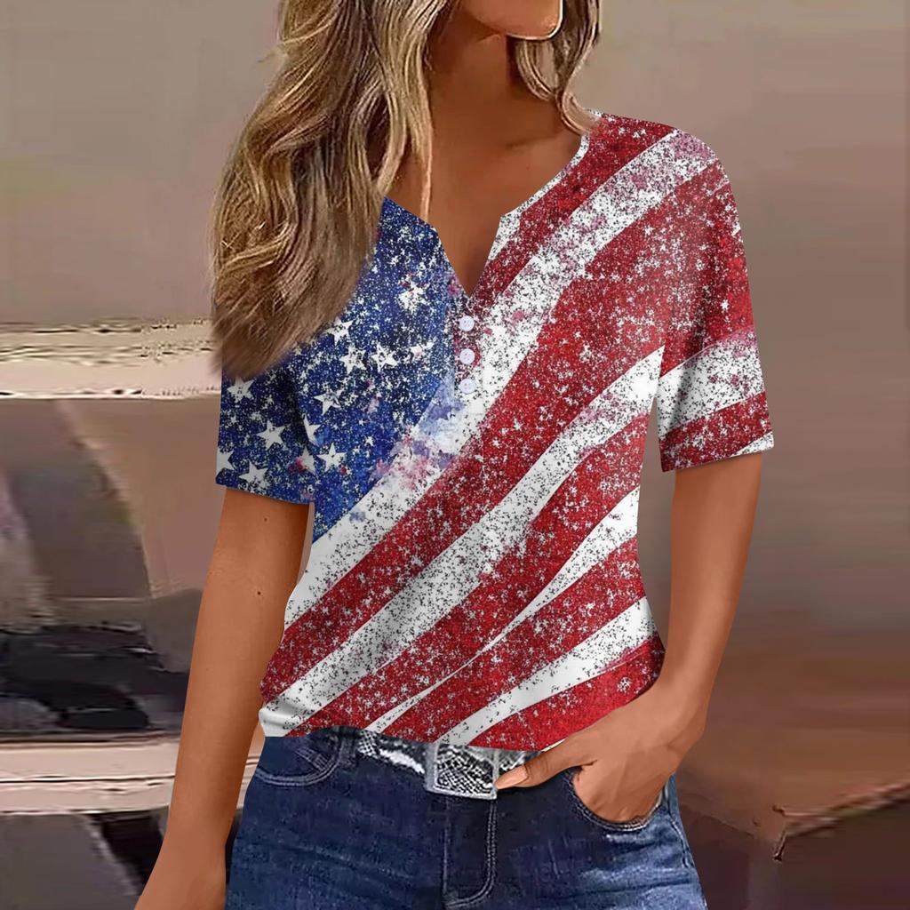 Жен. Футболка С принтом Пуговицы С короткими рукавами Повседневные Выходные Мода Классический V-образный вырез Обычный Верх