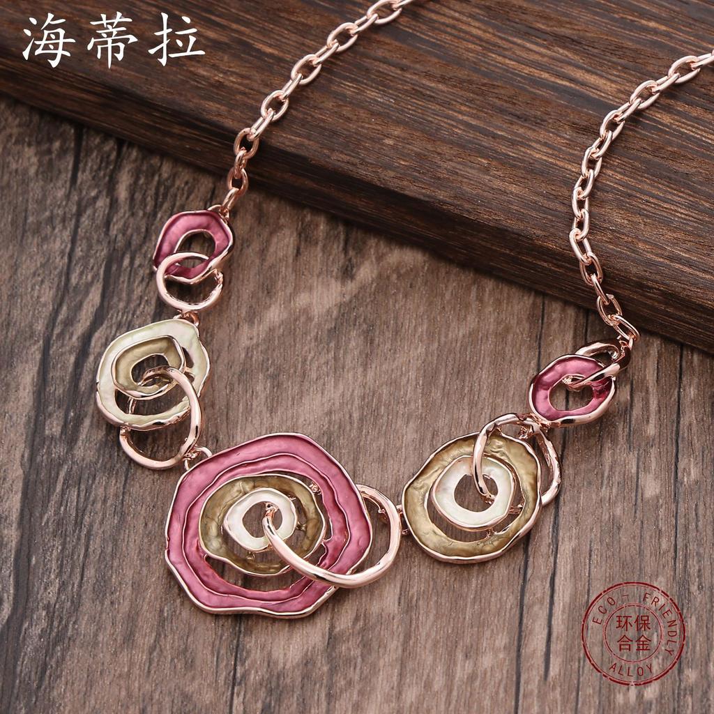 Новое цветное масло, геометрическое кольцо, ожерелье с цветком, модная и высококлассная полая линия, женская шейная цепочка
