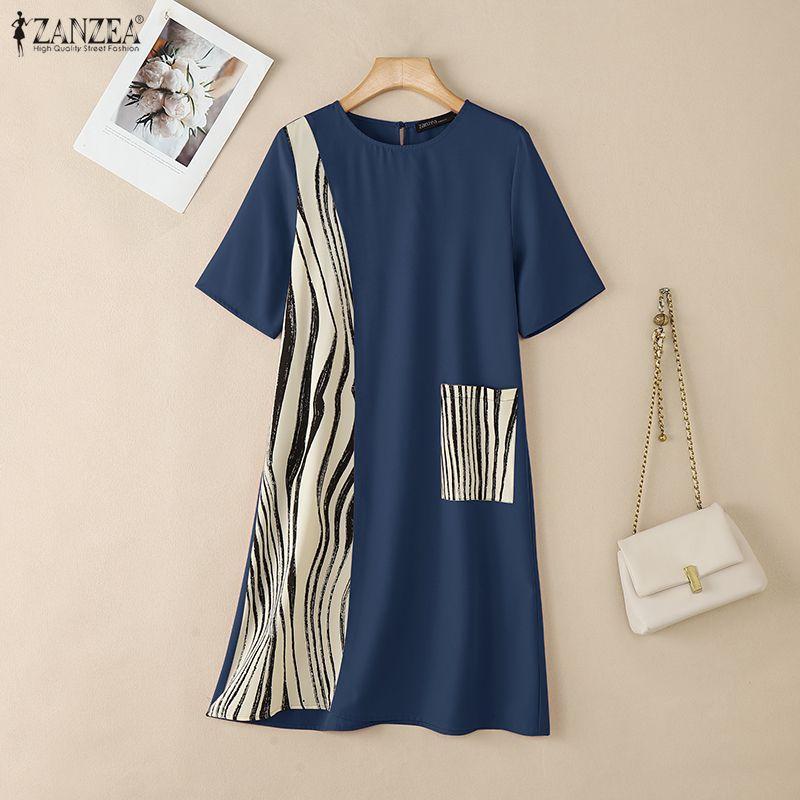 Women Zanzea Casual Neck Round Summer Short Sleeve Print Dress