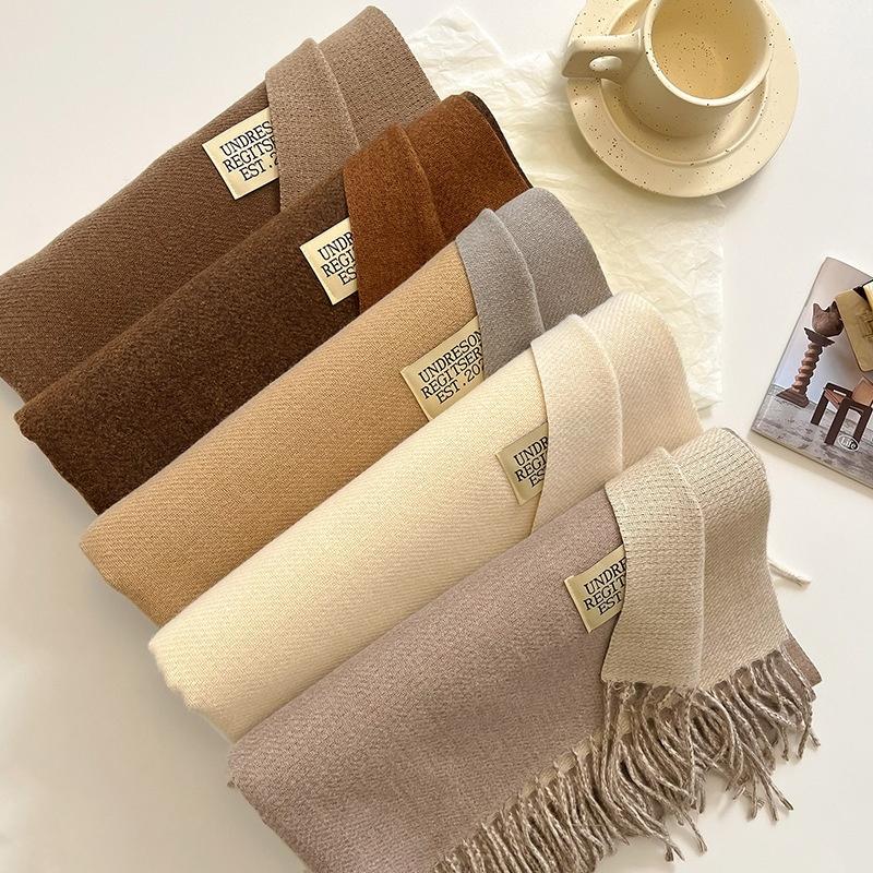 Thickened Double-Sided Fringed Scarf Pure Color Cashmere-Style Women'S Fashionable Student Two-Purpose Shawl Autumn Winter Korea