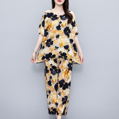 Элегантные женские комплекты из 2 предметов больших размеров, летние повседневные комплекты со свободными брюками, женская одежда среднего возраста