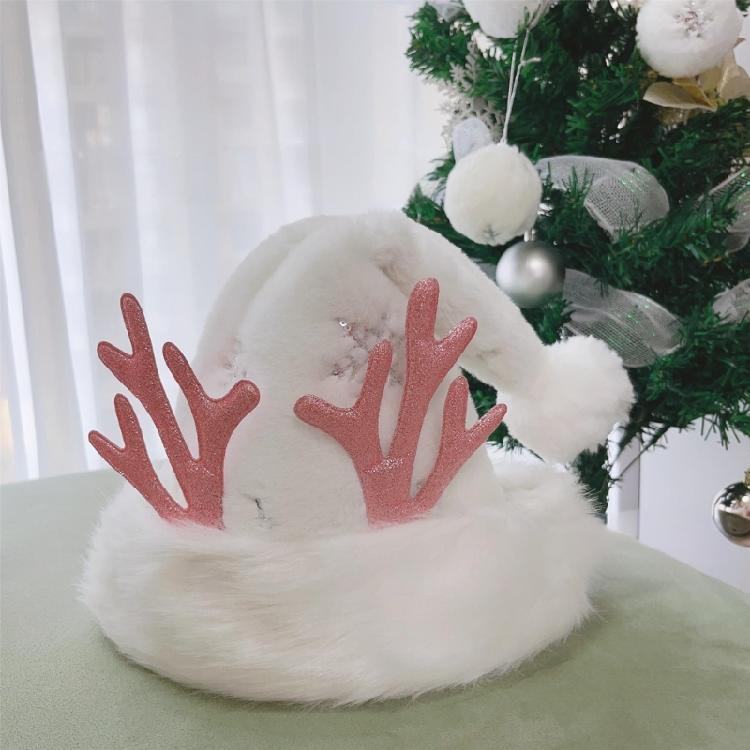 Plush Santa Costume Hat Deer Horn Christmas Party Hat Christmas Theme Plush Winter Hat for Women Kid Daily Wear