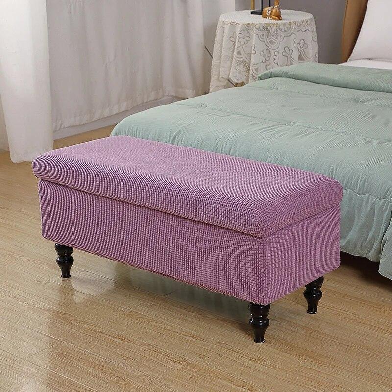 Solid Color Storage Ottoman Covers Rectangle Elastic Bedside Footstool Cover Non-Slip Polar Fleece Footrest Seat Bench Slipcover