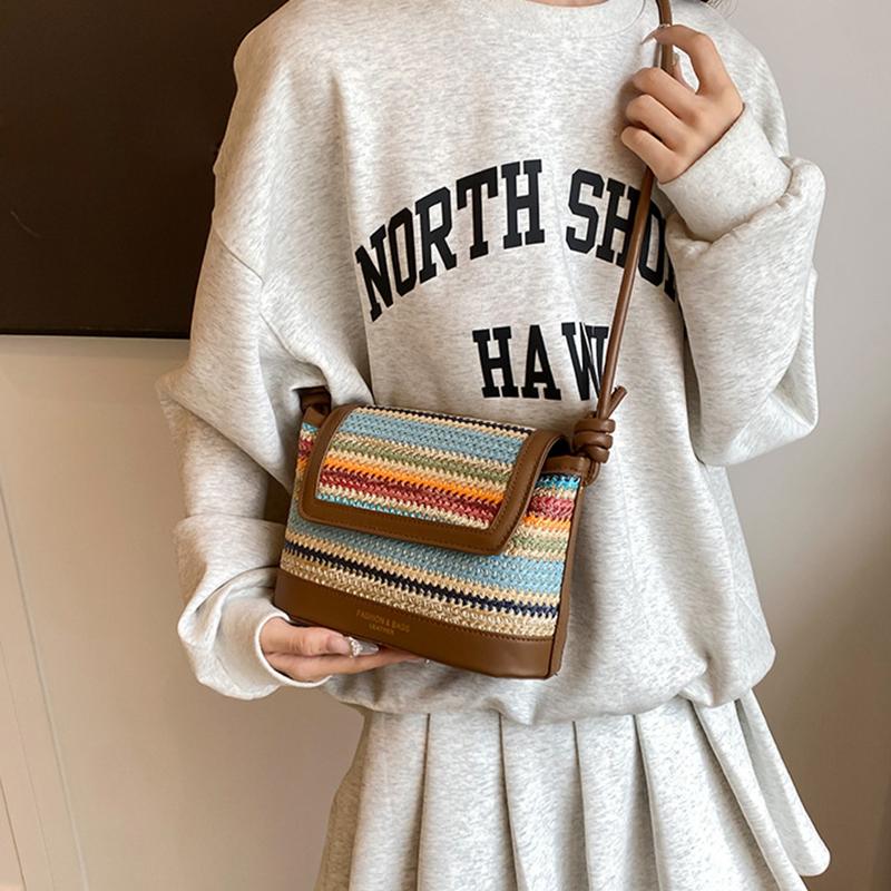 Women Rattan Knitting Beach Bag Large Capacity Seaside Straw Shoulder Bag Rainbow Color Sling Bag Travel Vacation Bag CLE