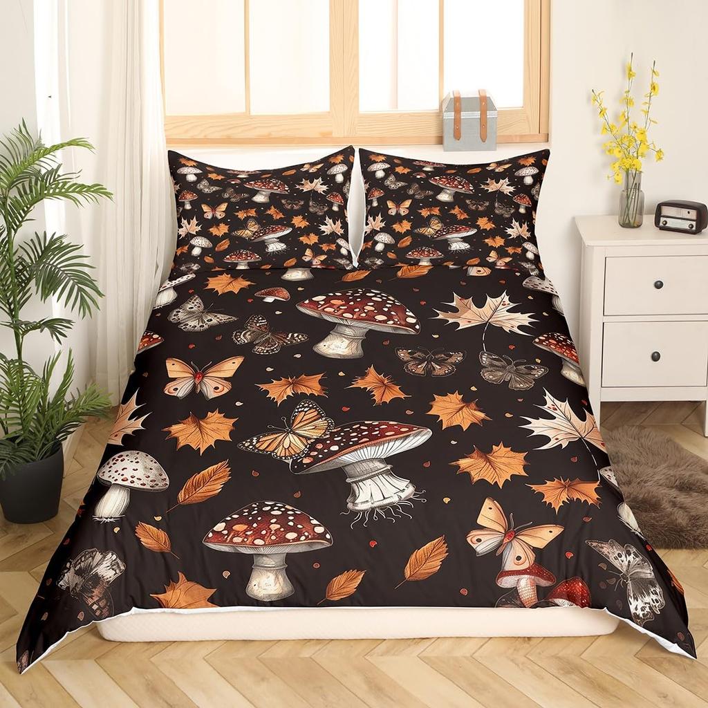 Mushroom Duvet Cover Watercolor Fungus Bedding Set Wild Botanical Comforter Cover Set Retro Leaf Pattern Polyester Quilt Cover