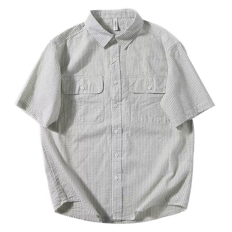 Mens Loose Thin Striped Turn Down Collar Short Sleeve Casual Work Shirt
