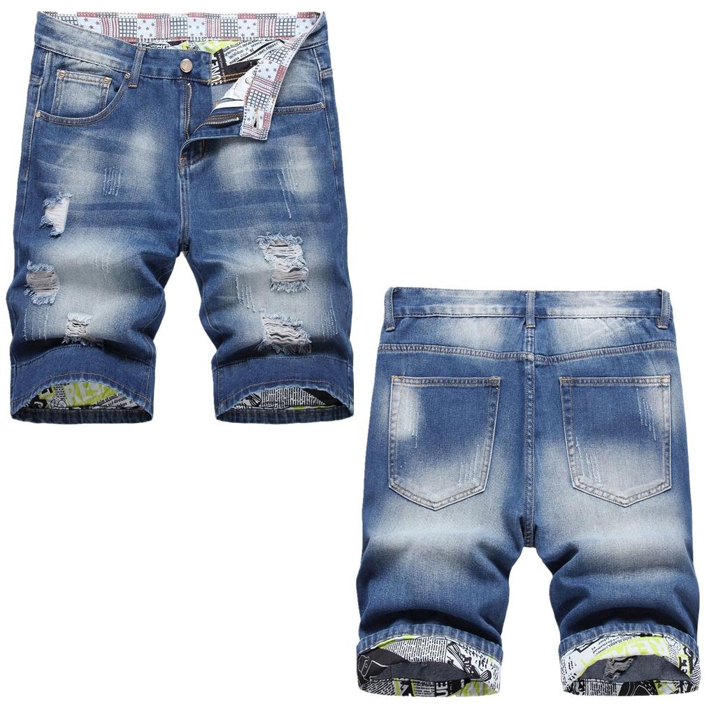 New Wear And Tear Men's Five Quarter Denim Shorts Trend Slim Straight Leg Mid Waist Pants