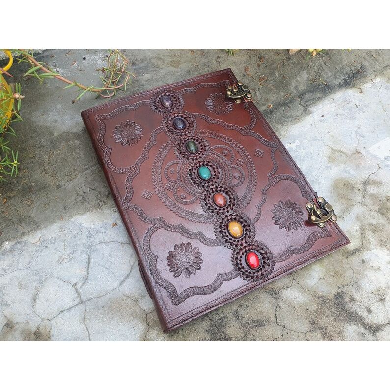 New Large Seven Stone Leather Journal, Book of Shadows, Journal, Wedding Guest Book, Leather Grimoire, Travel Notebook Gift for Him Her Gifts
