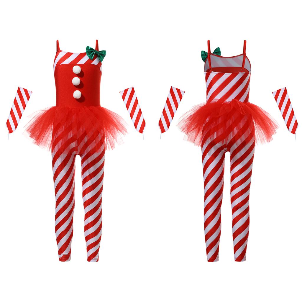 Girls Candy Cane Costume Santa Claus Christmas Sleeveless Stripes Print Tulle Peplum Long Jumpsuit with Arm Sleeves