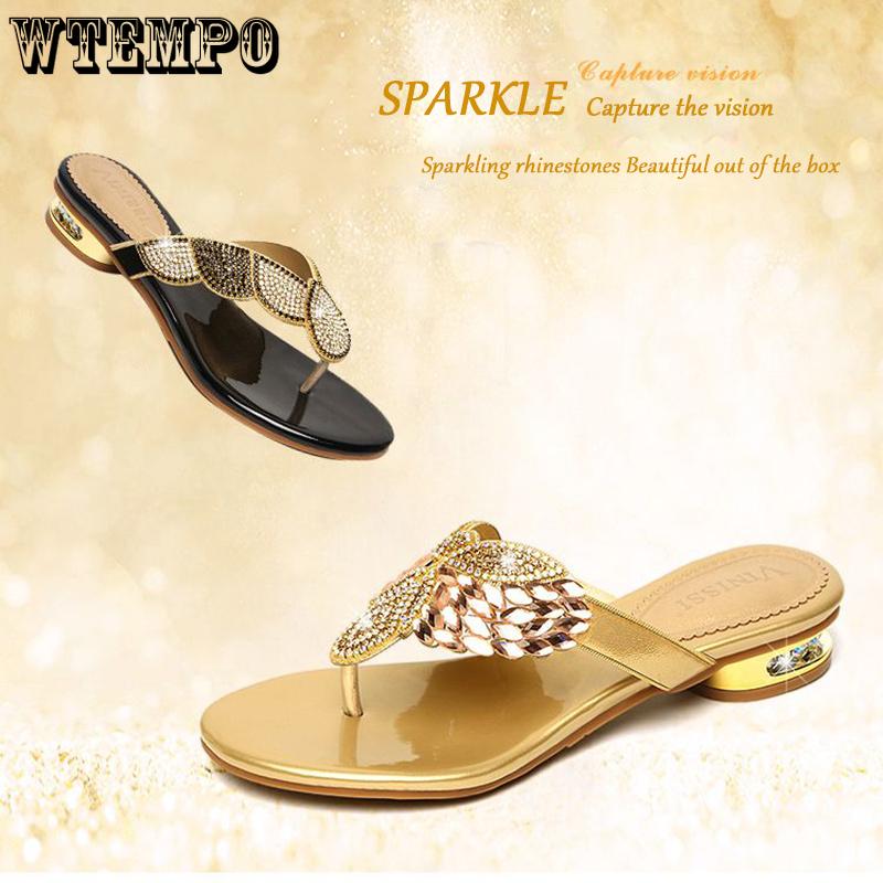 Women's Flip-flops Summer Flat Bottom Low Heel Sexy Fashion Outdoor Versatile Rhinestone Leather Beach Slippers Sandals Rubber EVA Material