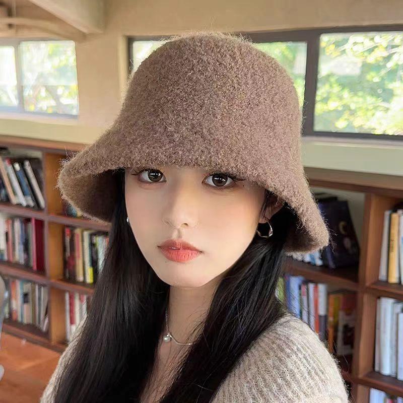 Bucket hat exquisite lamb wool hat women's autumn and winter big head circumference plush knitted versatile thermal basin hat