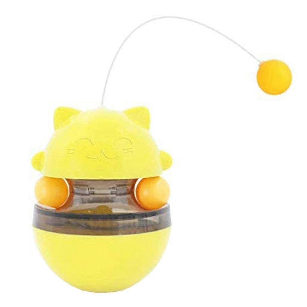Cat Slow Treat Toy - Fun Tumbler Style Interactive Treat Toy with Two Rolling Balls and Removable Wand (Yellow)