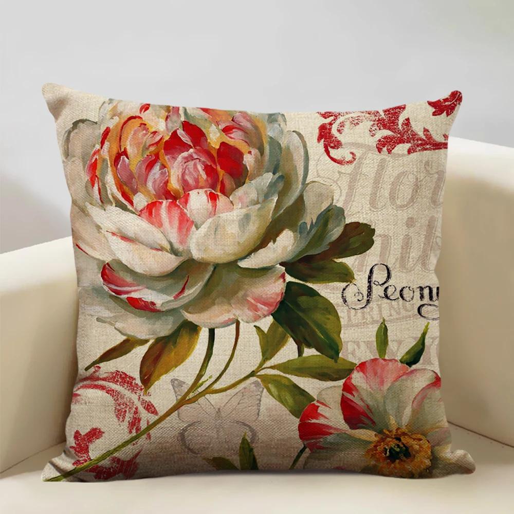 Чехол для подушки в стиле ретро 45x45 см, льняная наволочка для гостиной, декоративная наволочка с цветочным узором для сиденья автомобиля