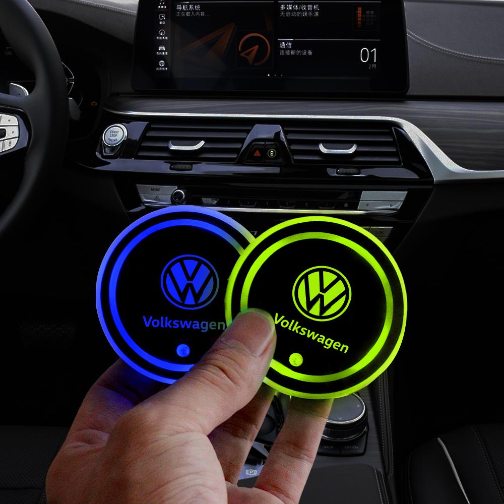 2pcs Car Coaster LED Water Cup Glow Coaster Atmosphere Light Non-slip Mat for Volkswagen VW GTI Jetta RLine CC Golf Passat Polo