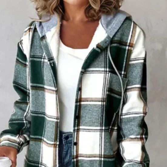 Женское осенне-зимнее пальто с капюшоном на шнурке, клетчатый принт с длинными рукавами, однобортный толстый плюшевый теплый кардиган, повседневное повседневное пальто