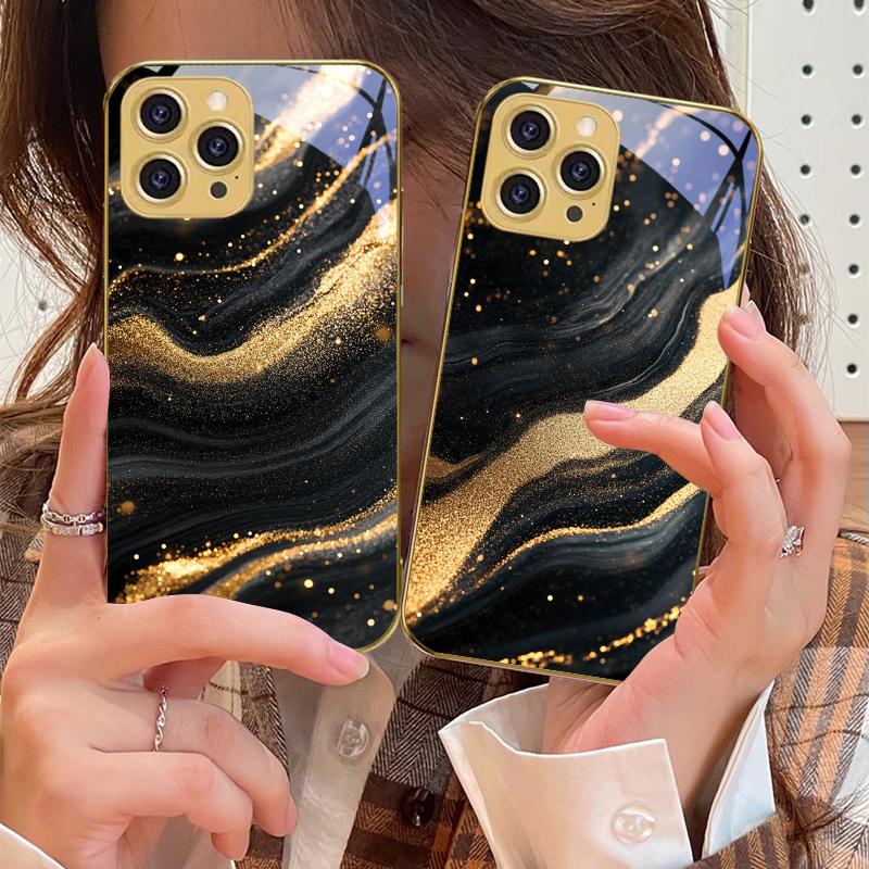 Чехол из закаленного стекла золотистого цвета с мраморным рисунком для iPhone 16 Pro Max 15 P Ro 14 M Ax 13 Plus 12 Mini 11 Pro Max XS Max XR