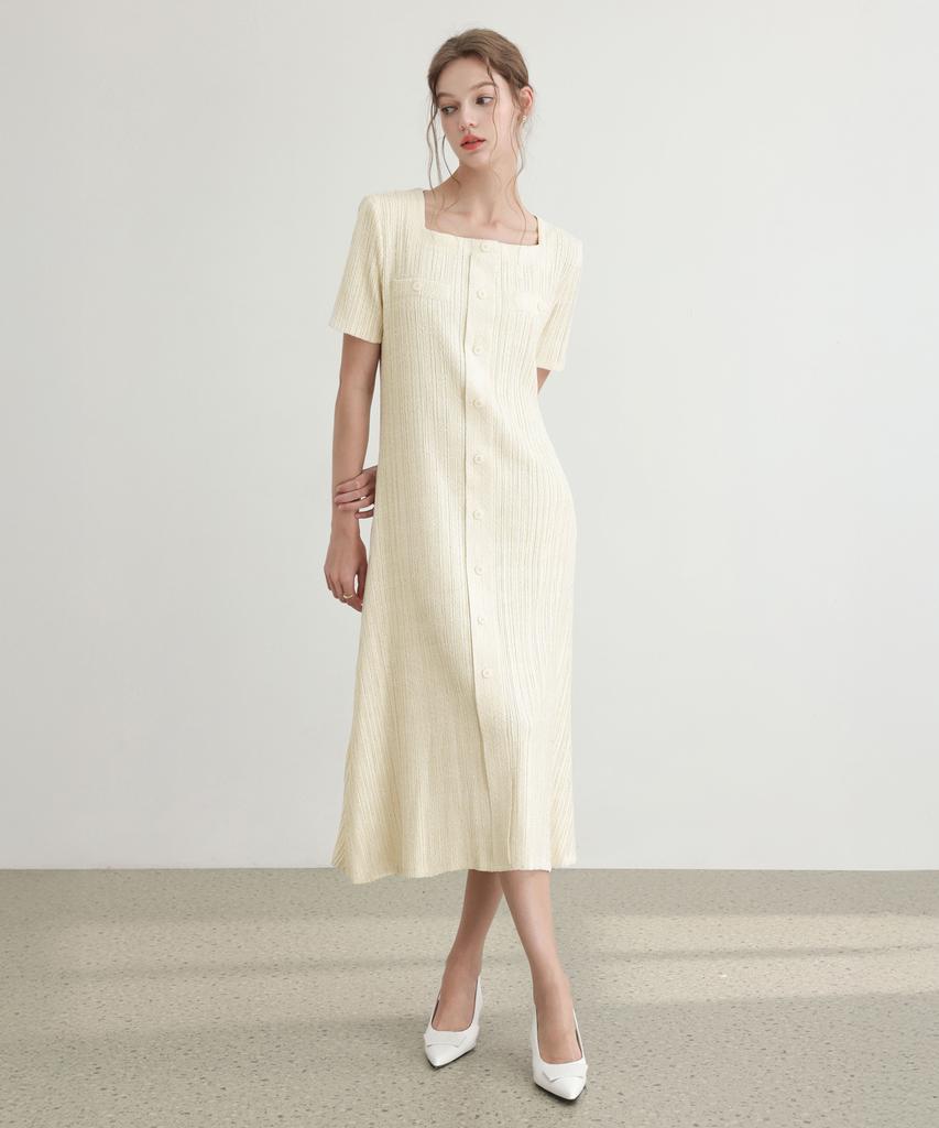 Pleats Mood Tweed Pleated Square Neck Dress