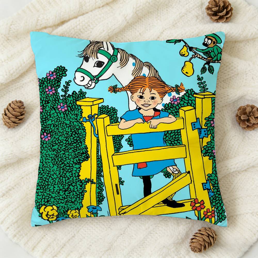 Anime Pippi L-Longstocking Cute Cartoon Double-Sided Printed Square Decorative Cushion Cover For Sofa Living Room Home Decor