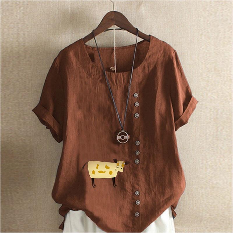 Women's New Fashion Linen Shirt Round Neck Short Sleeve Cattle Printed T-shirt Summer Ladies Casual Plus Size Blouse Tops