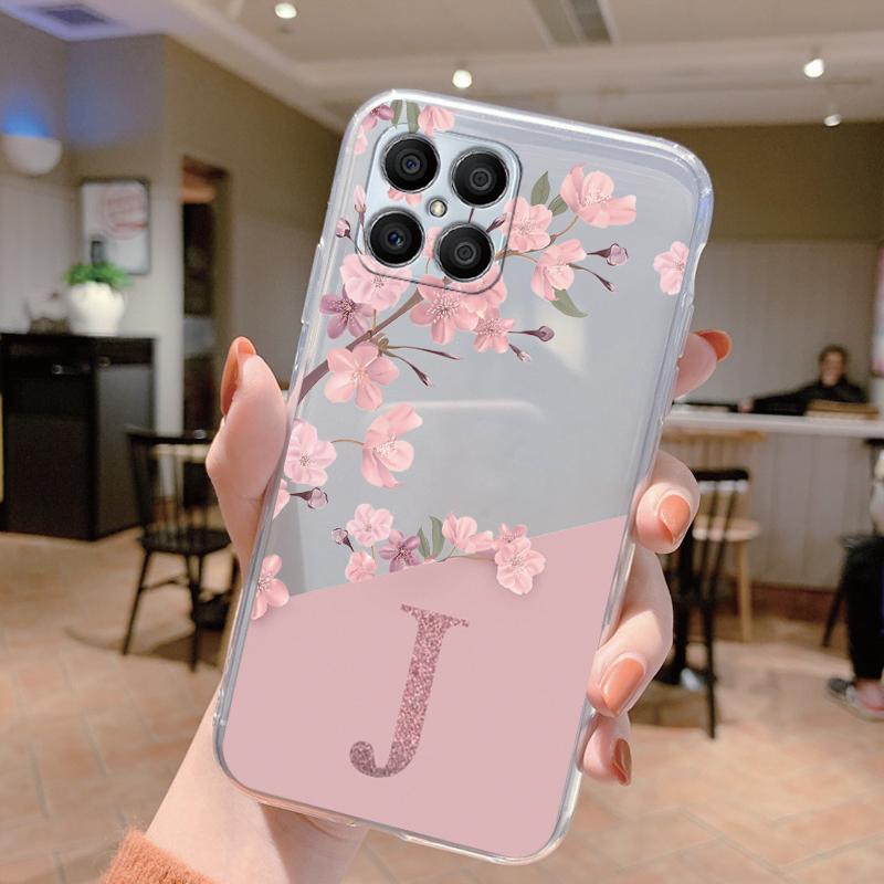 For Honor X8 4G Case X 8 5G Clear Bumper TPU Silicone Soft Cover for HonorX8 Phone Cases Capa Pink Flowers Letter Funda Fashion