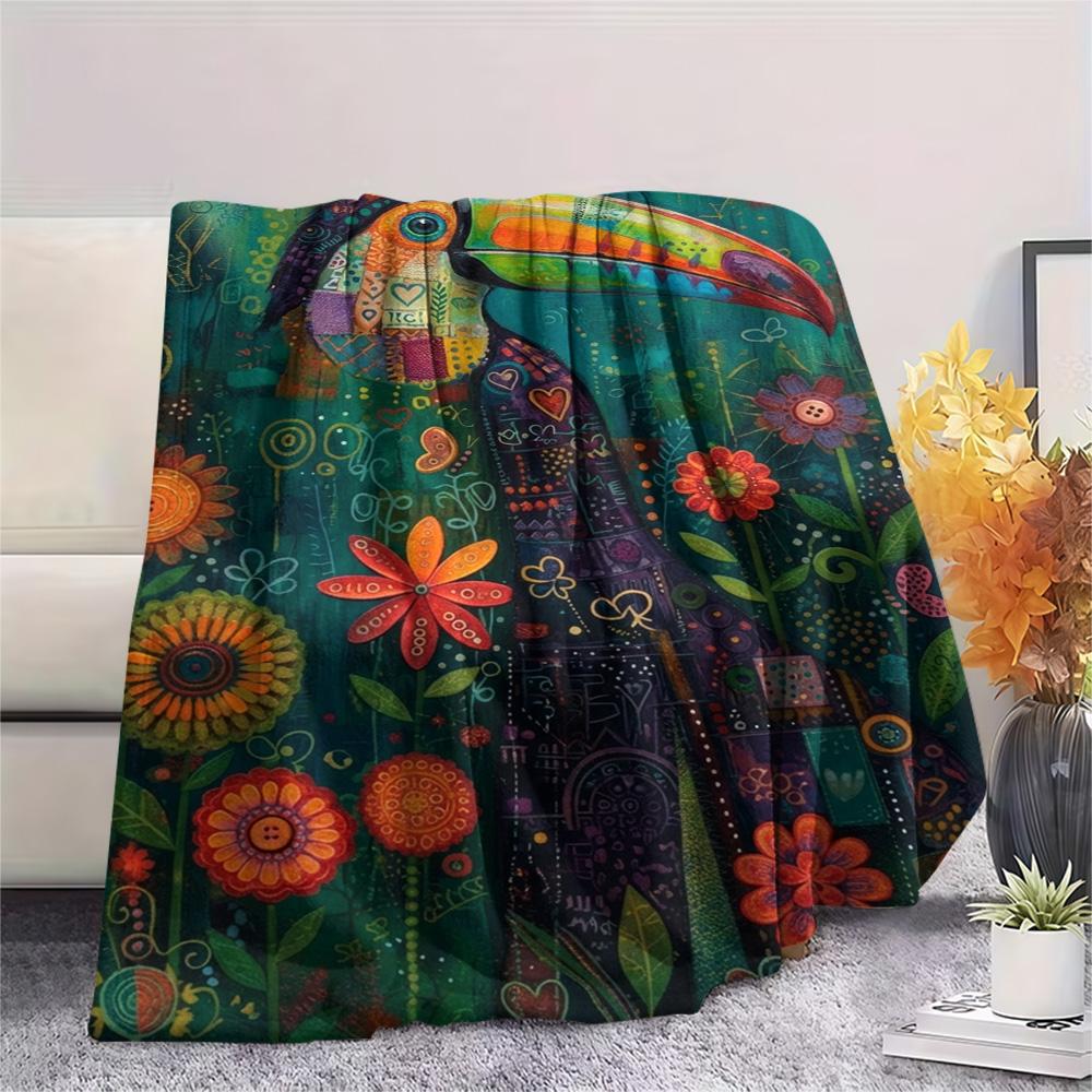 1PC Family Toucan Art Print FlAannel Blanket, High quality Comfortable for All Seasons, Home Decor, Warmth and Comfort