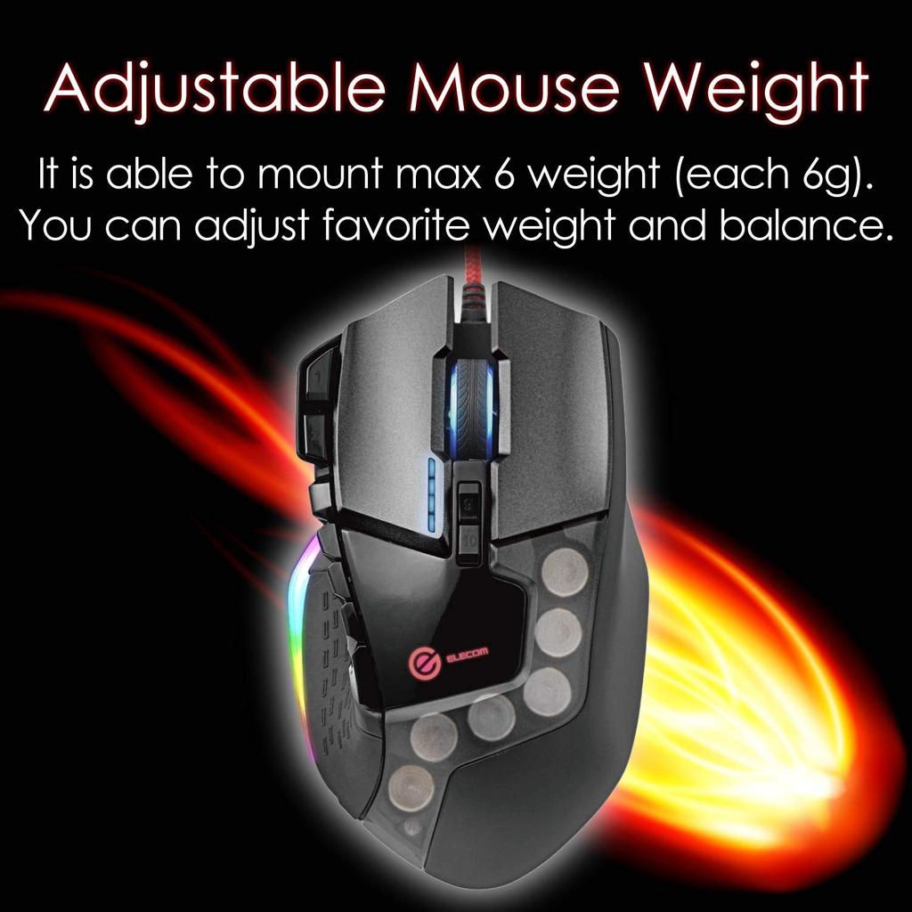 ELECOM Gaming Mouse 13 Buttons Programmable RGB Compatible Equipped with Hardware Macro DPI Adjustment Weight Balance Adjustable Ceramic Sole Black