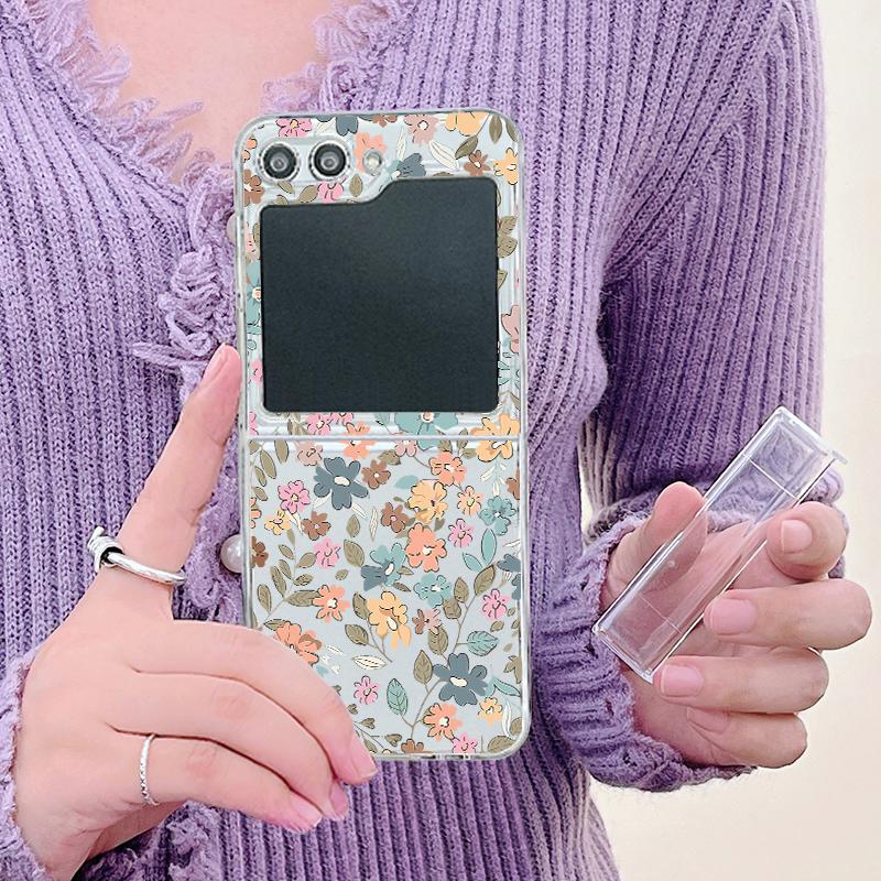 Shockproof 3PCS Foldable Case for Samsung Galaxy Z Flip6 Flip5 Flip4 Flip3 Colorful Flower Pattern Hard Pc Clear Slim Case Cover