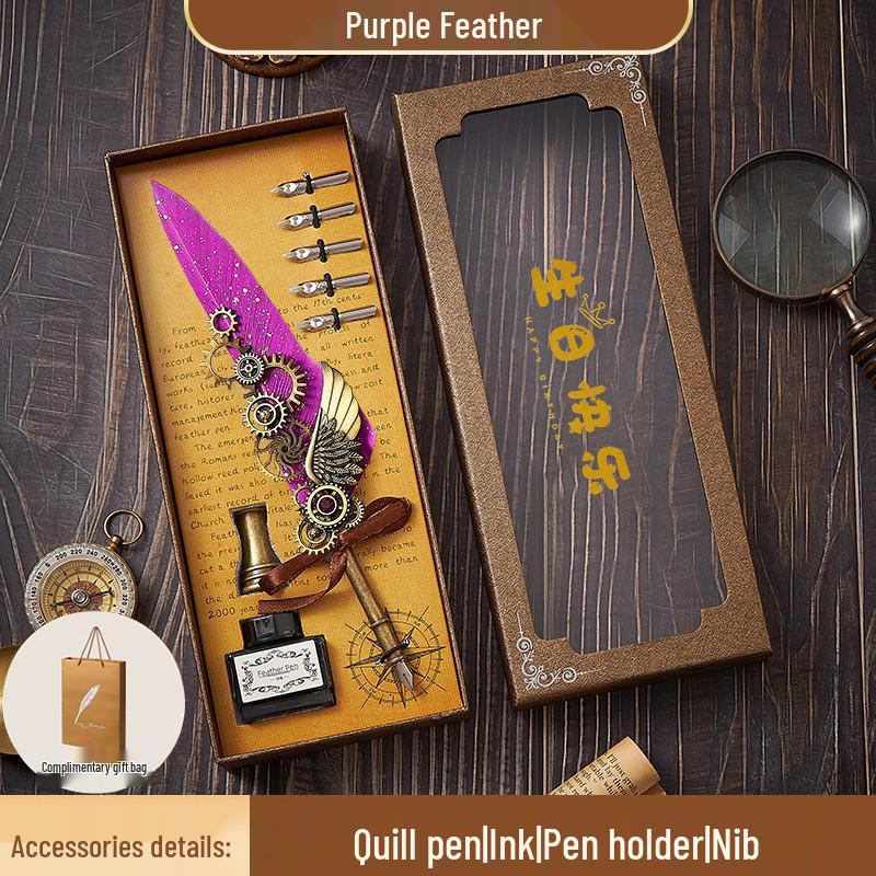 European Steampunk Quill and Ink Set with Wax Seal - Retro Fountain Pen Gift Box for Birthdays