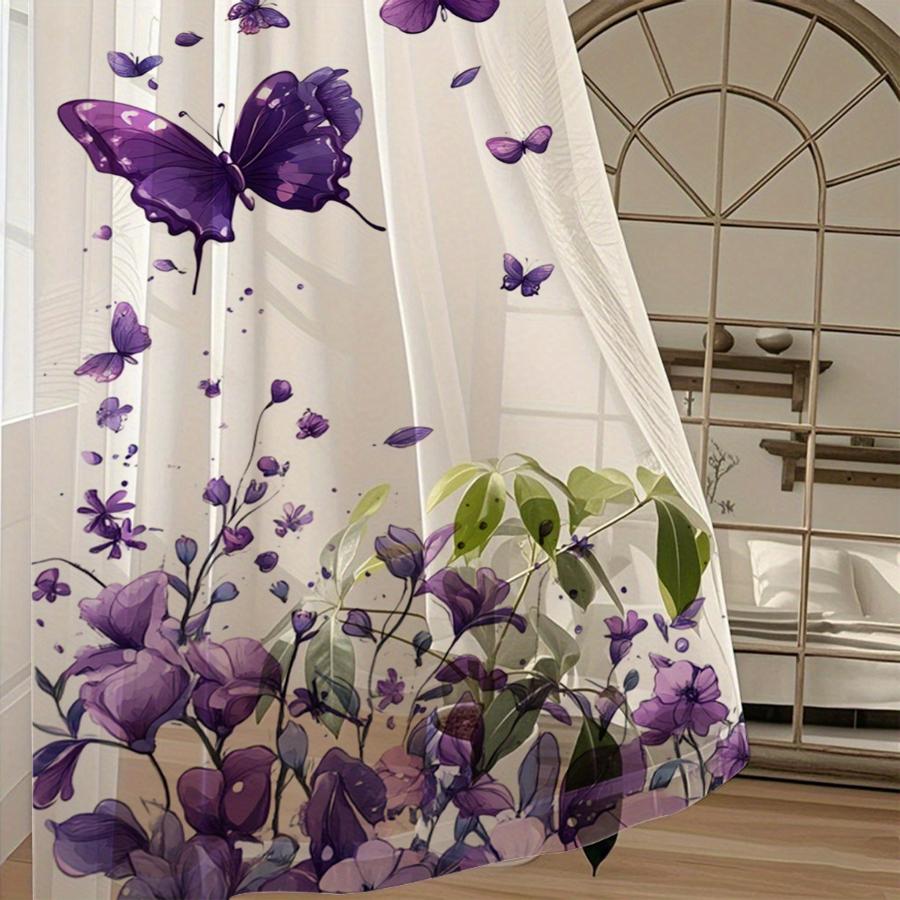 2PCS Purple Sheer Curtains Dreamy Butterfly Print Ethereal Fairy Tale Fantasy Home Decor Window Treatment