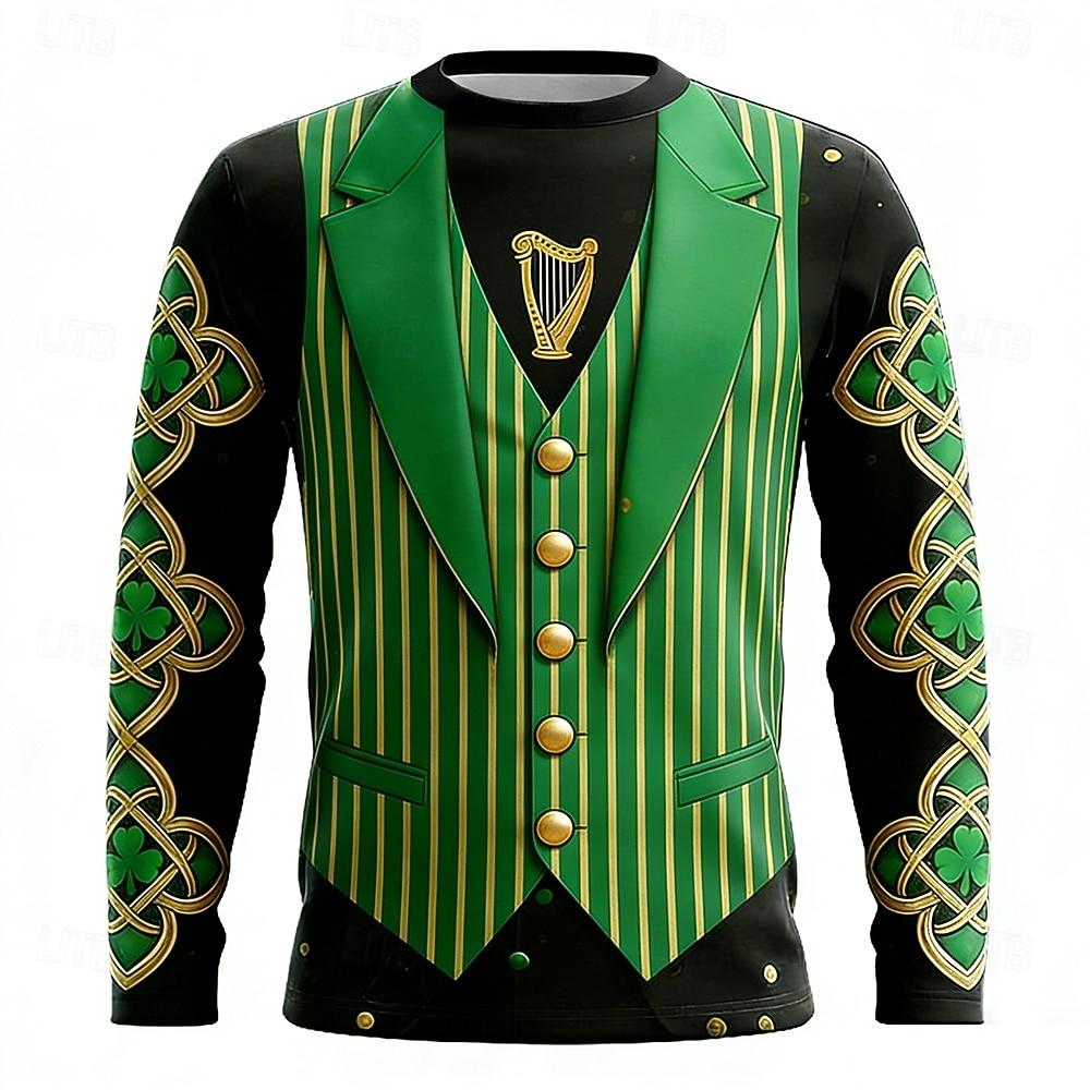 St Patricks Day Graphic T Shirts Men Long Sleeve T Shirt Gold Horseshoe Shamrock Faux Tuxedo Funny Green Tee Pullovers Clothing