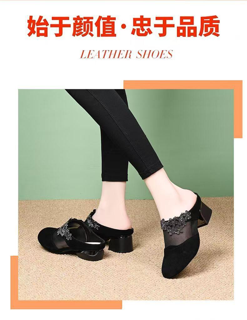 2025 новые летние туфли-одинарки из мягкой кожи, женские сетчатые, на плоской подошве, с вырезами, дышащие, с круглым носком, со стразами, матовые, женские полушлепанцы для мам