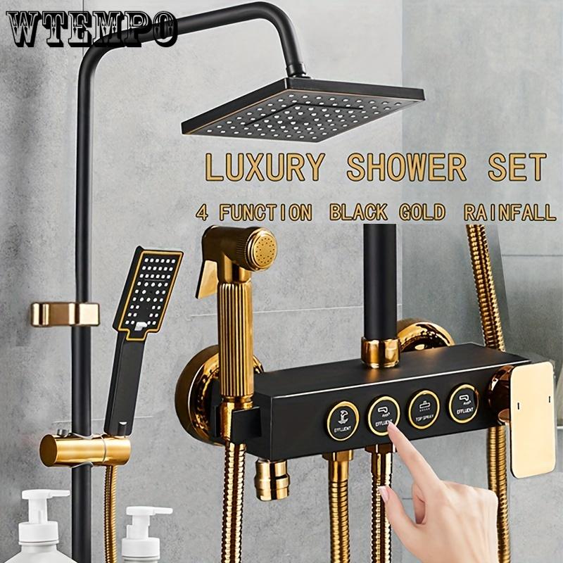 Black Golden 4-Button Shower Set, Home Copper Bathroom Faucet with Handheld Showerhead, Wall-Mounted Shower System with Dual Showerheads