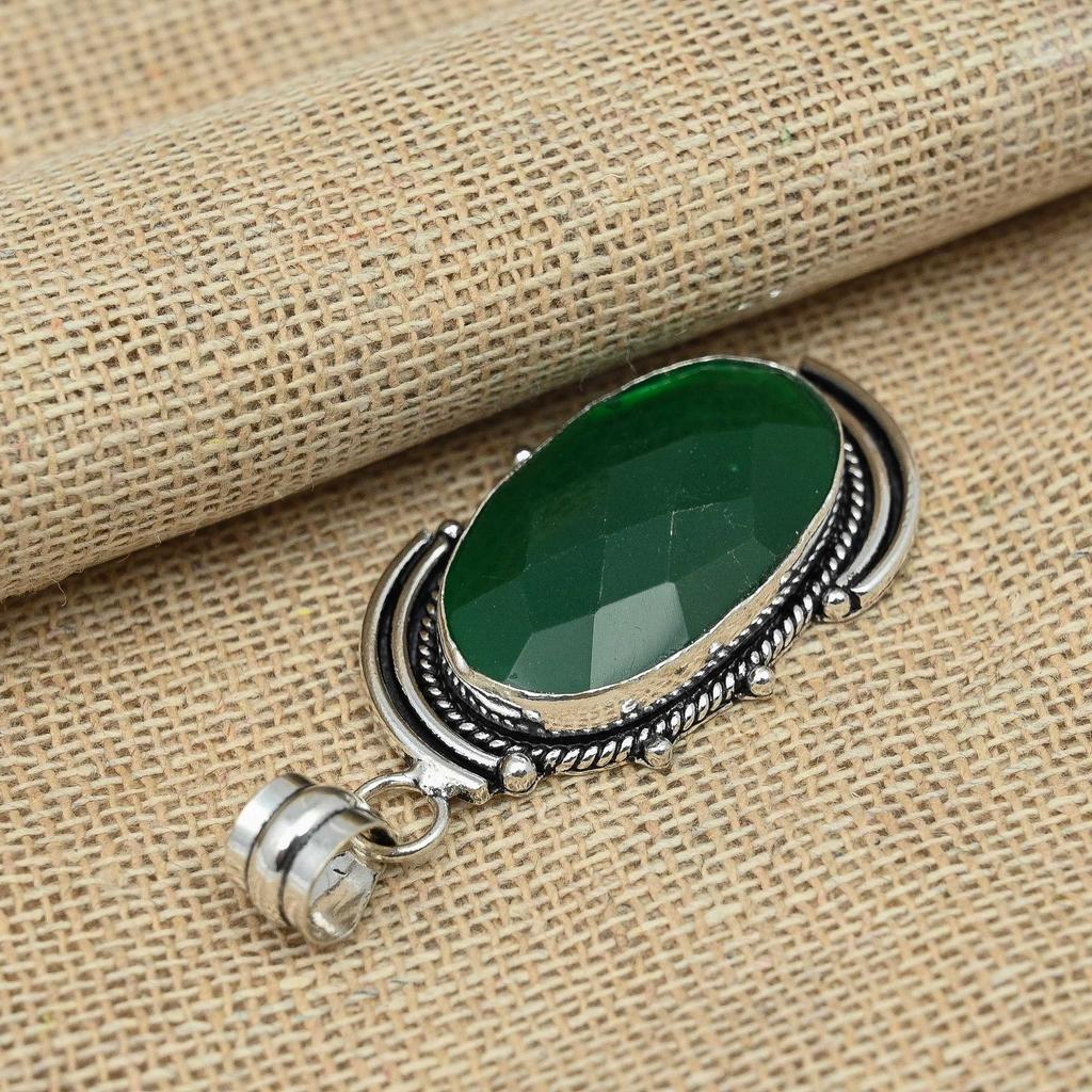 Ограненный зеленый оникс драгоценный камень стерлингового серебра 925 пробы ювелирные изделия ручной работы красивый кулон