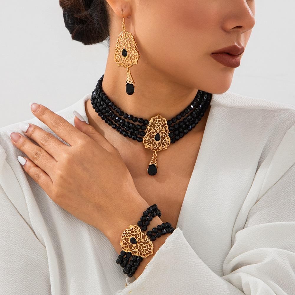 Retro Hollowed-out Flower Plate Rhinestone Tassel Multi-layer Pearl Beaded Necklace Bracelet Earring for Women Jewelry 3pcs Sets