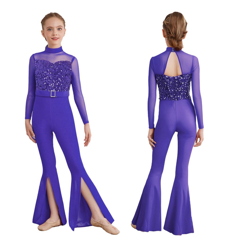 Bell-Bottom Jumpsuit for Girls: Mock Neck Long Sleeve with Sequins Bodice, Sheer Mesh & Back Cutout for Competition