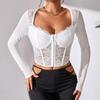 Square Neck Lace See Through Short Shirt Sexy Mesh Fishbone Bra Lace Blouse Women V-neck Spicy Girl Tops For Woman 30375