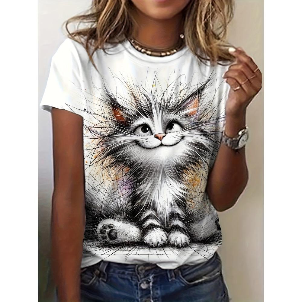 Women Cat Print Design Harajuku Casual Short Sleeved Top Fashionable Trend