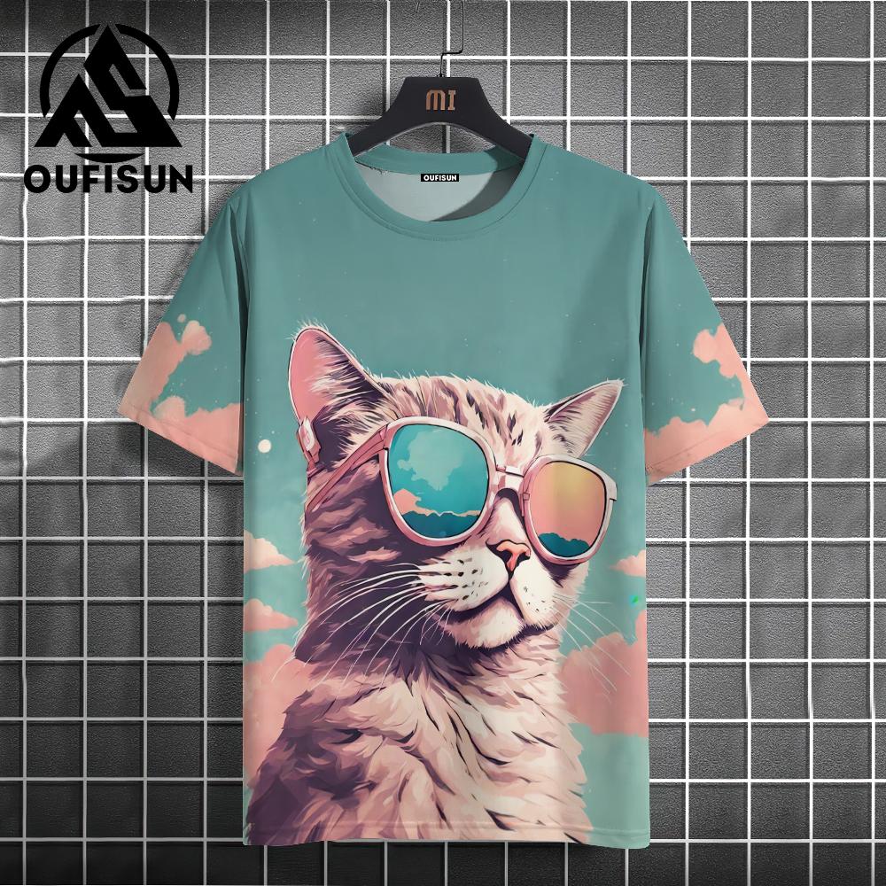 Funny T-shirt Cartoon Cat Pattern Men's T-shirt, 3D Printing Casual Pullover