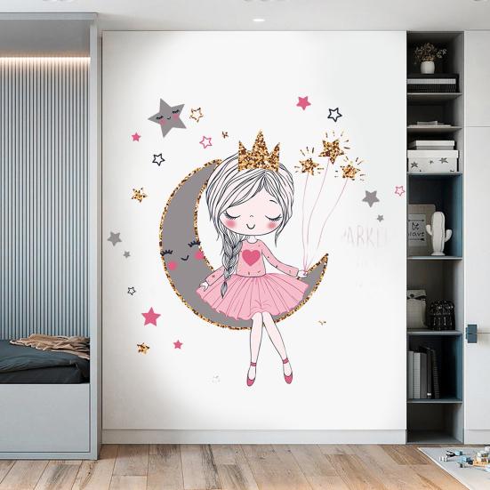 Наклейка на стену со звездой и луной для девочек, водостойкая самоклеящаяся ПВХ-наклейка, современная гостиная, детская спальня, настенное художественное украшение, наклейка