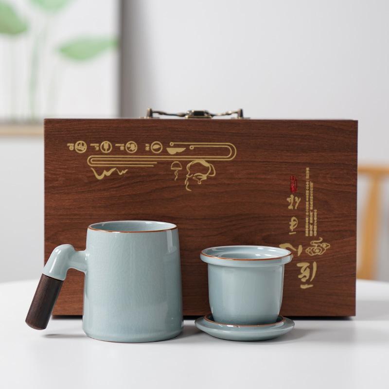Ru kiln mug ceramic filter three-piece set personal cup water cup tea separation office cup ceramic gift